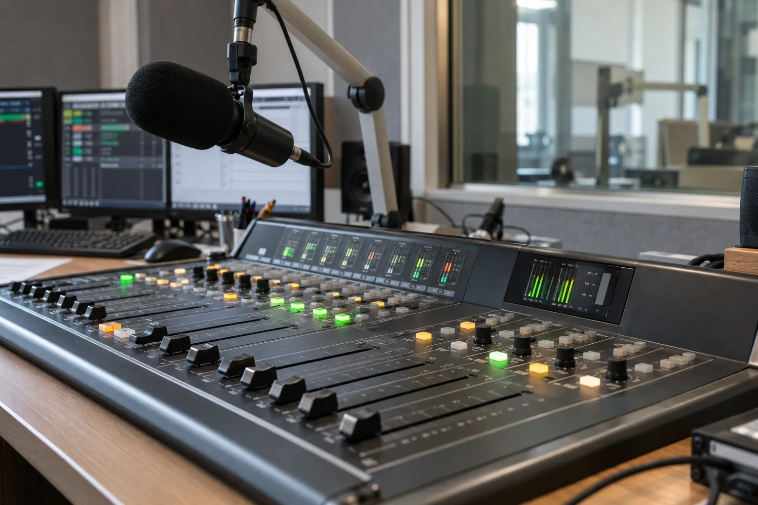 Imagen conceptual de un estudio de radio con mesa digital de mezclas y micrófono