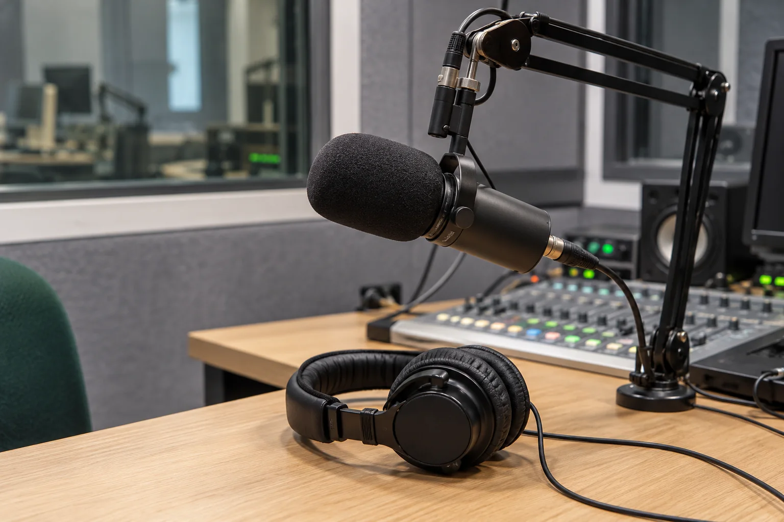 Imagen conceptual de un micrófono de radio y auriculares en un estudio